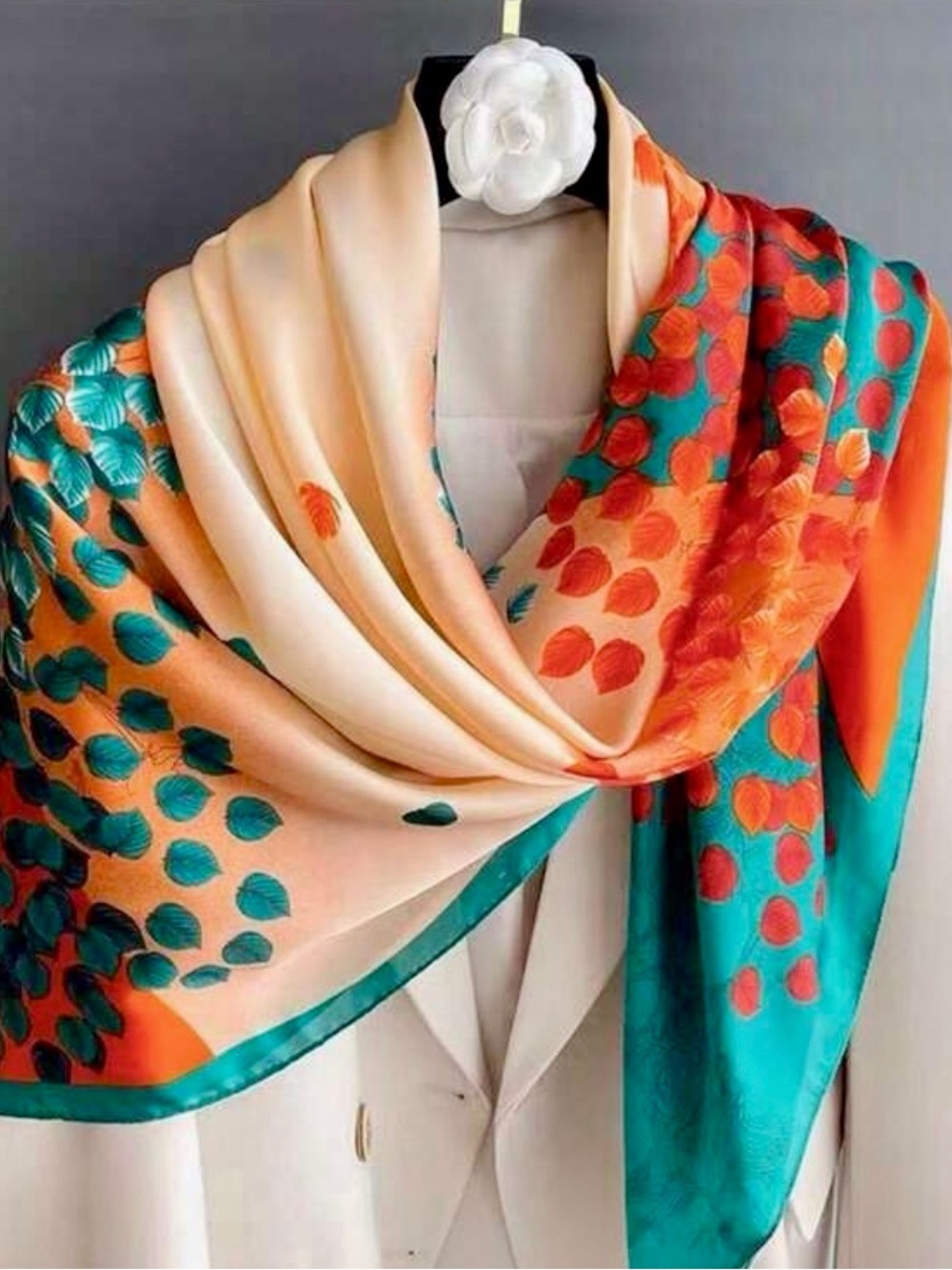 Silky Satin Square Scarf 35.4” Turquoise Orange Ivory Shiny Wrap